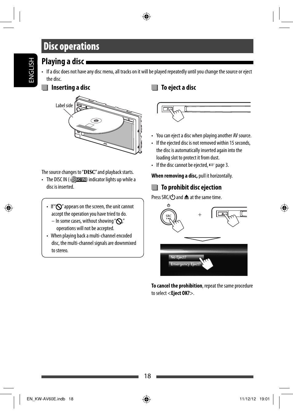 Disc operations, Playing a disc, Inserting a disc | JVC KW-AV60BT User Manual | Page 18 / 277