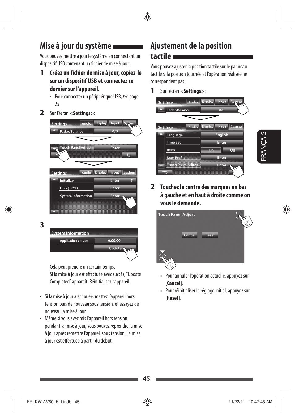 Mise à jour du système, Ajustement de la position tactile | JVC KW-AV60BT User Manual | Page 181 / 277
