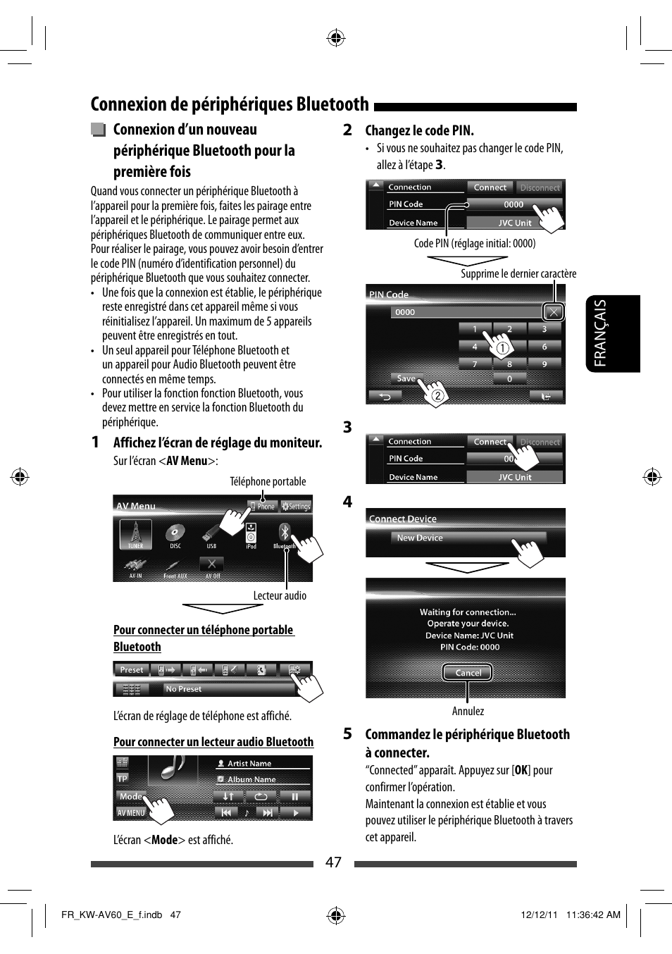 Connexion de périphériques bluetooth | JVC KW-AV60BT User Manual | Page 183 / 277