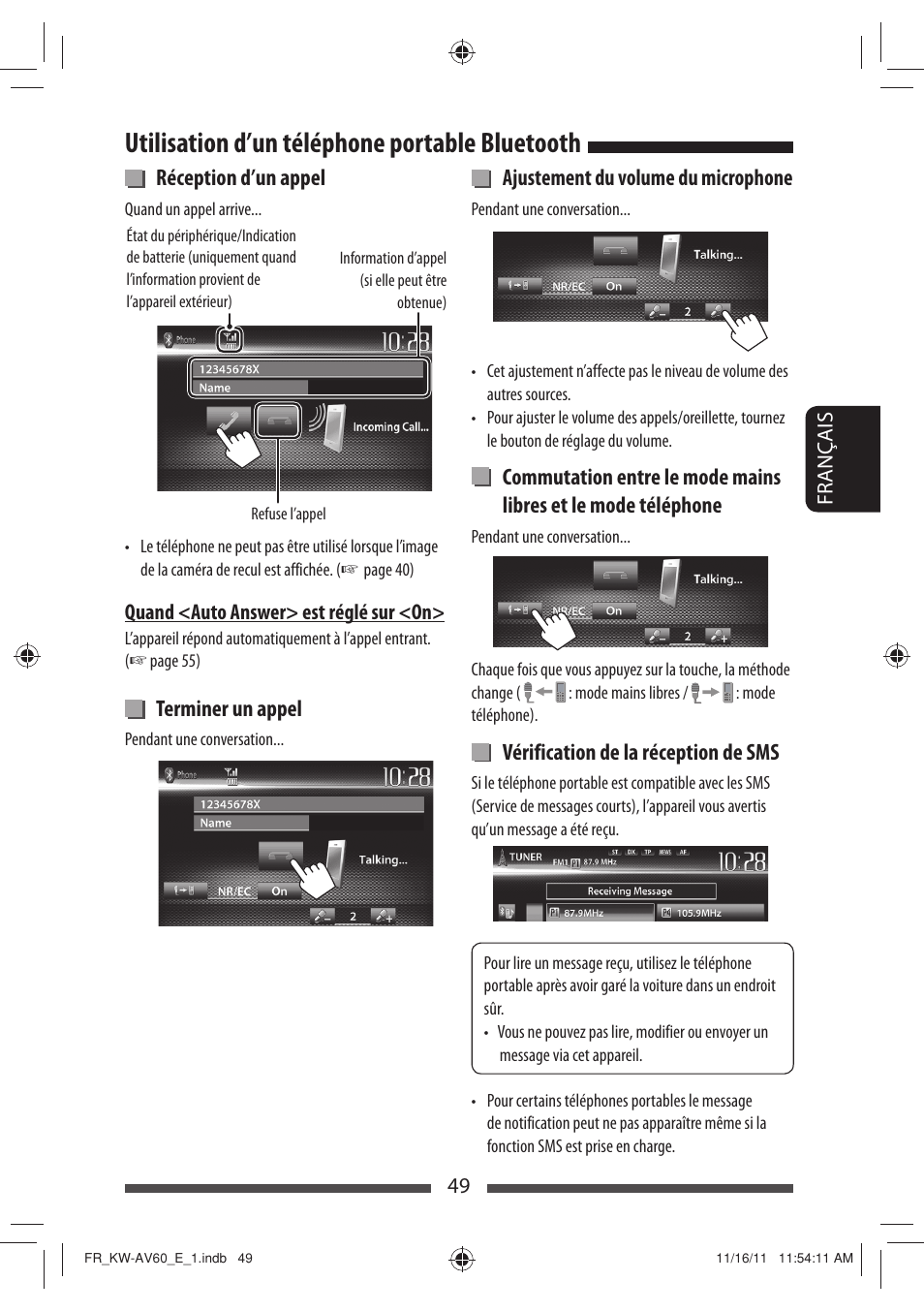 Utilisation d’un téléphone portable bluetooth, Réception d’un appel, Terminer un appel | Ajustement du volume du microphone, Vérification de la réception de sms | JVC KW-AV60BT User Manual | Page 185 / 277