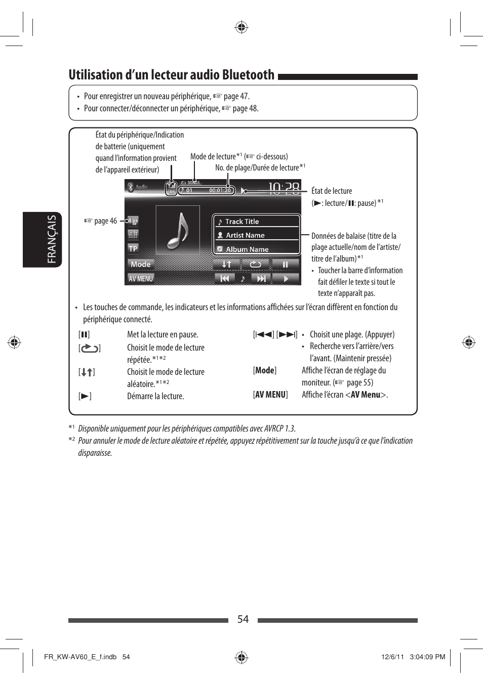 Utilisation d’un lecteur audio bluetooth, 54 français | JVC KW-AV60BT User Manual | Page 190 / 277