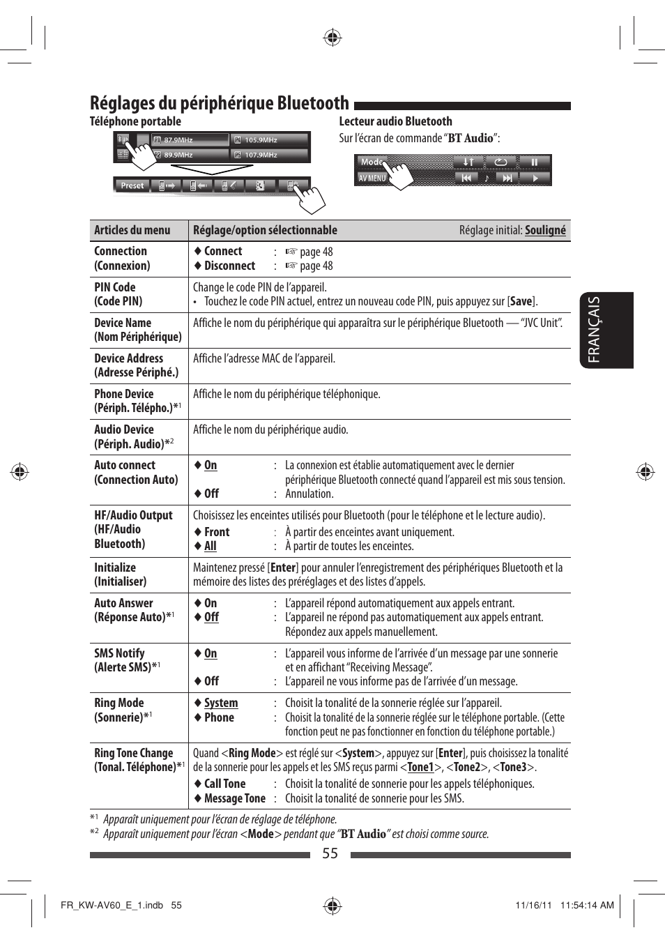 Réglages du périphérique bluetooth, 55 français | JVC KW-AV60BT User Manual | Page 191 / 277