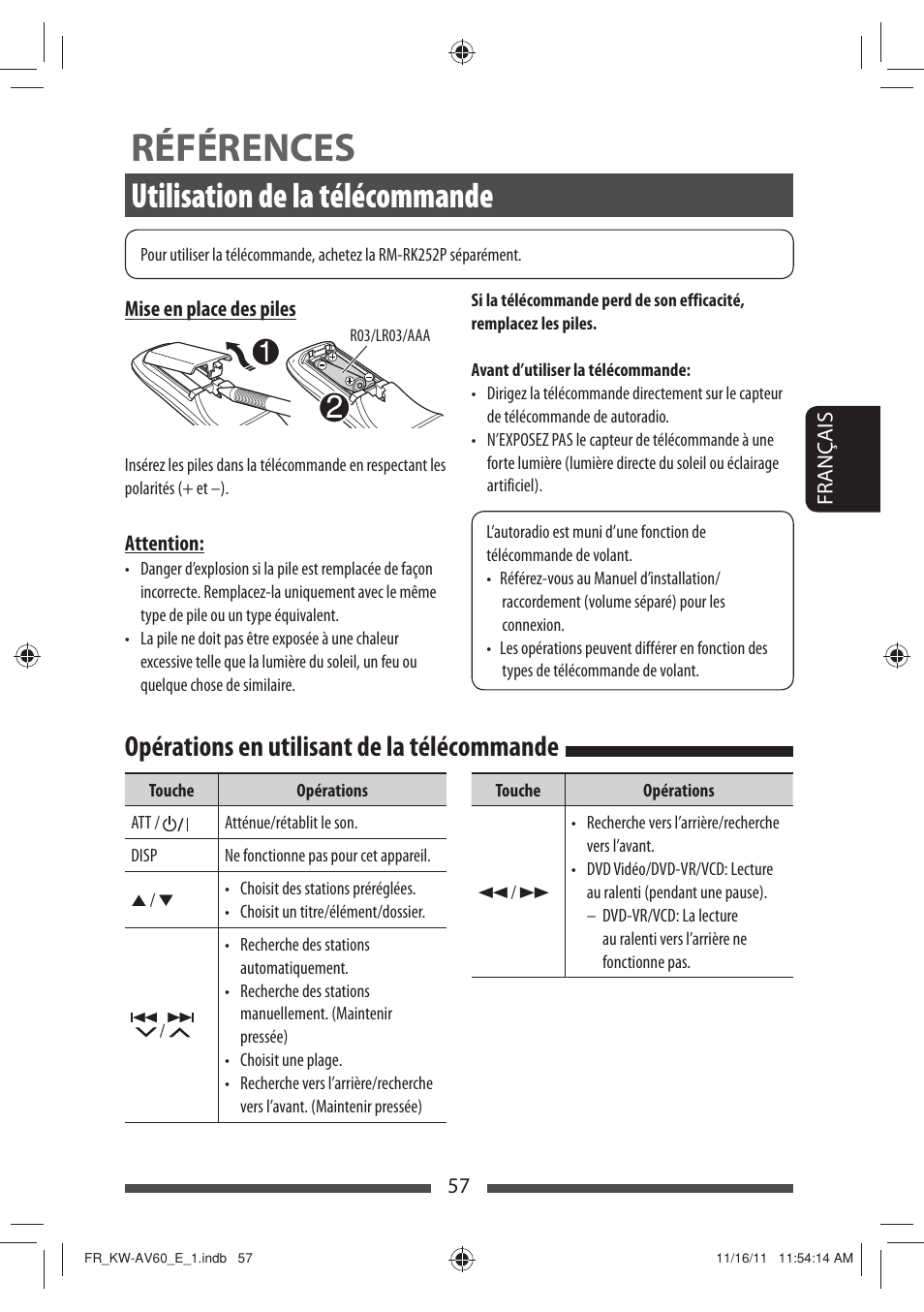 Références, Utilisation de la télécommande, Opérations en utilisant de la télécommande | JVC KW-AV60BT User Manual | Page 193 / 277