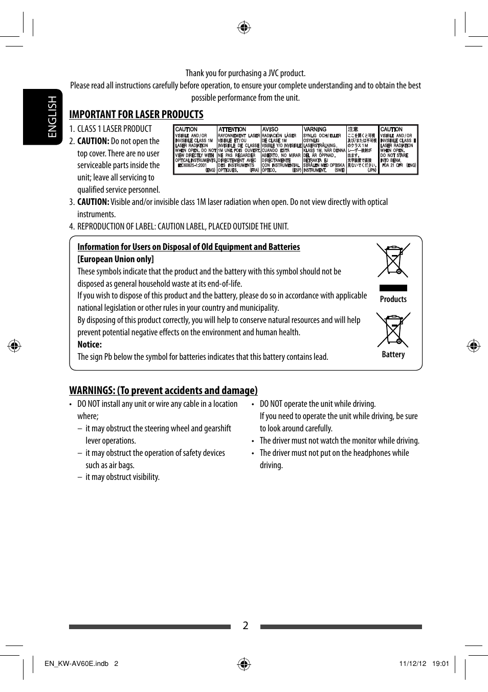 2english, Important for laser products, Warnings: (to prevent accidents and damage) | JVC KW-AV60BT User Manual | Page 2 / 277