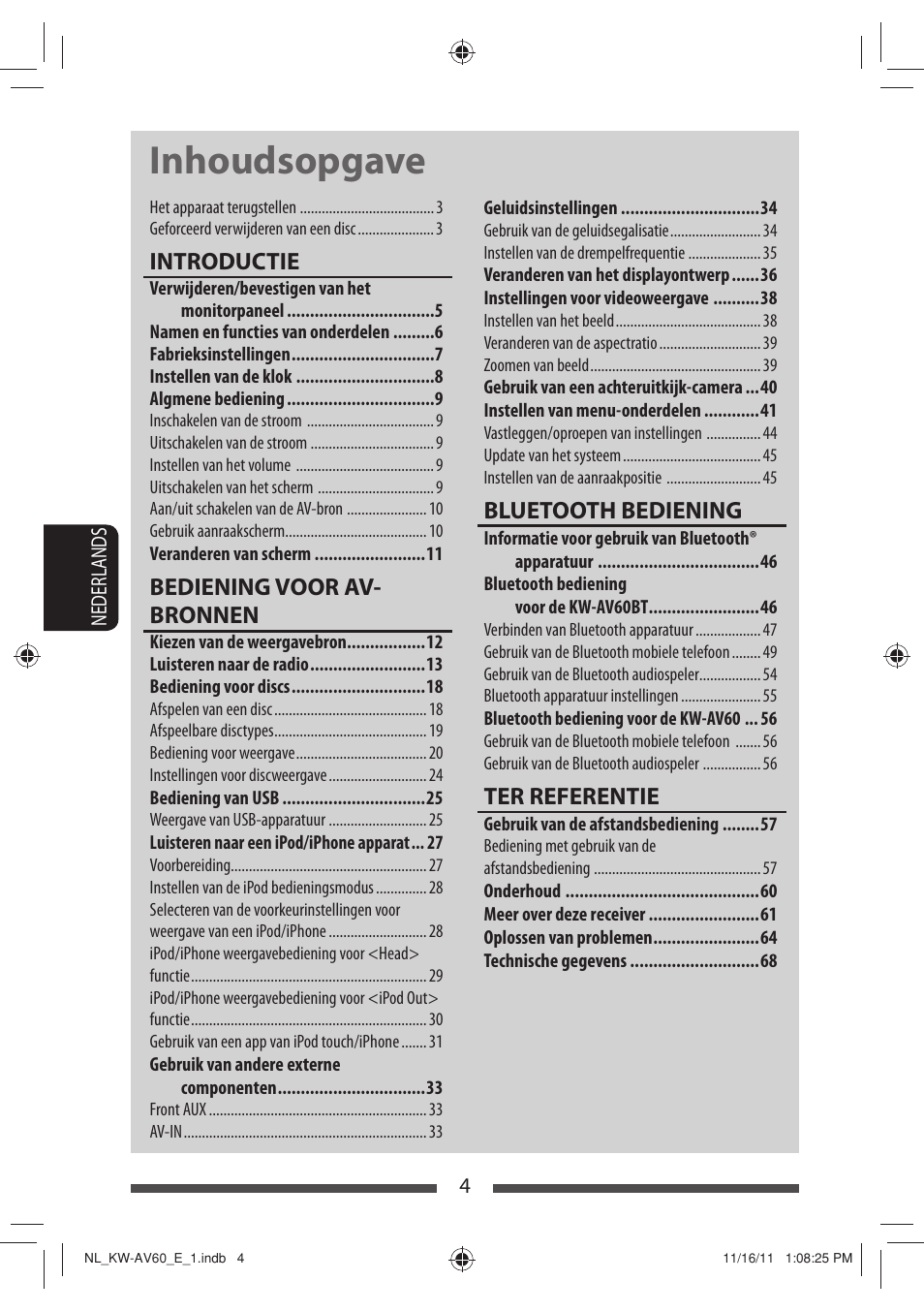 Inhoudsopgave, Introductie, Bediening voor av- bronnen | Bluetooth bediening, Ter referentie | JVC KW-AV60BT User Manual | Page 208 / 277