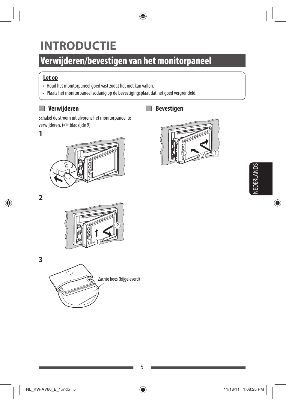 Introductie, Verwijderen/bevestigen van het monitorpaneel | JVC KW-AV60BT User Manual | Page 209 / 277