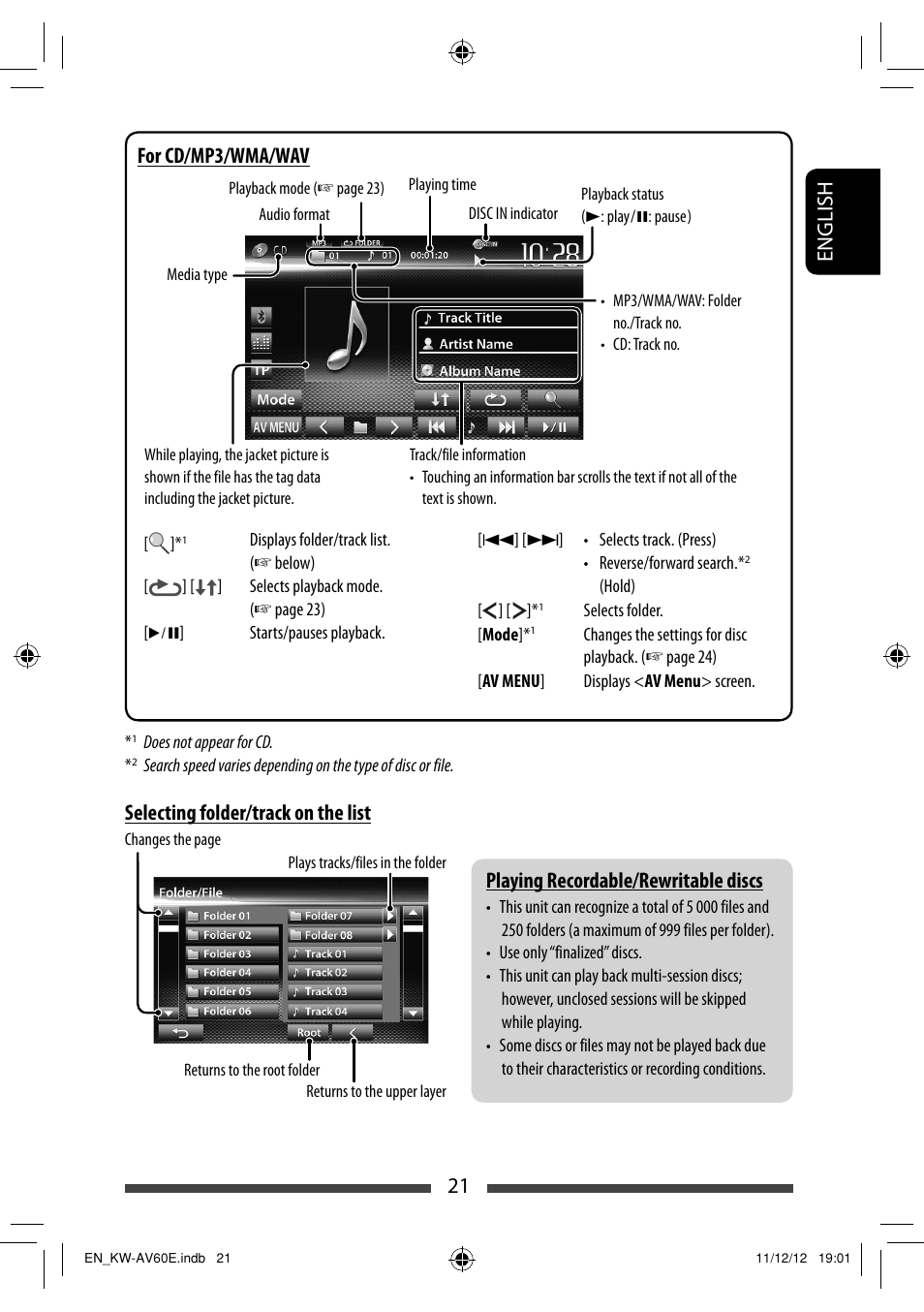 21 english playing recordable/rewritable discs, Selecting folder/track on the list, For cd/mp3/wma/wav | JVC KW-AV60BT User Manual | Page 21 / 277