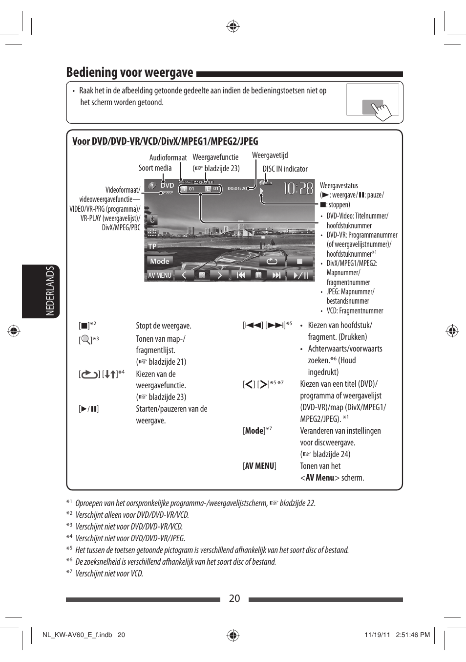 Bediening voor weergave, 20 nederlands, Voor dvd/dvd-vr/vcd/divx/mpeg1/mpeg2/jpeg | JVC KW-AV60BT User Manual | Page 224 / 277