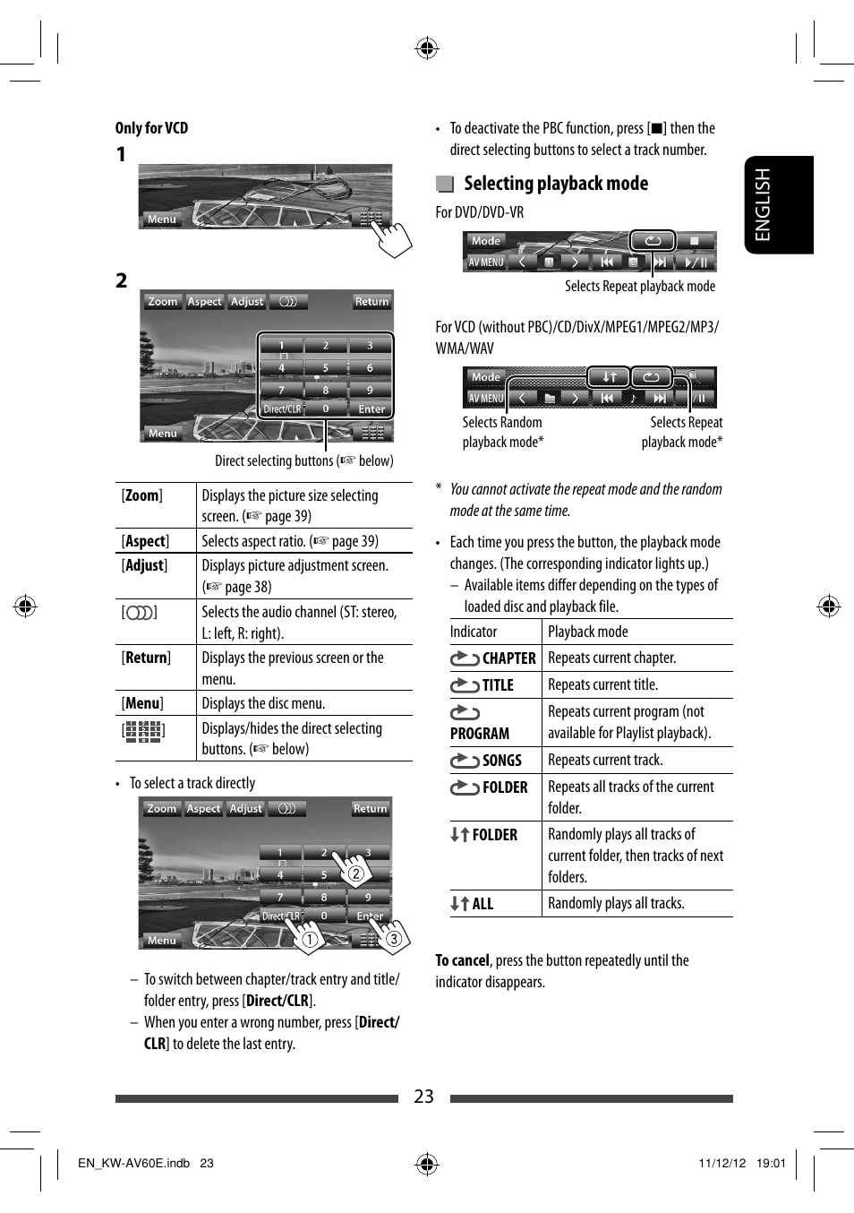 Selecting playback mode | JVC KW-AV60BT User Manual | Page 23 / 277