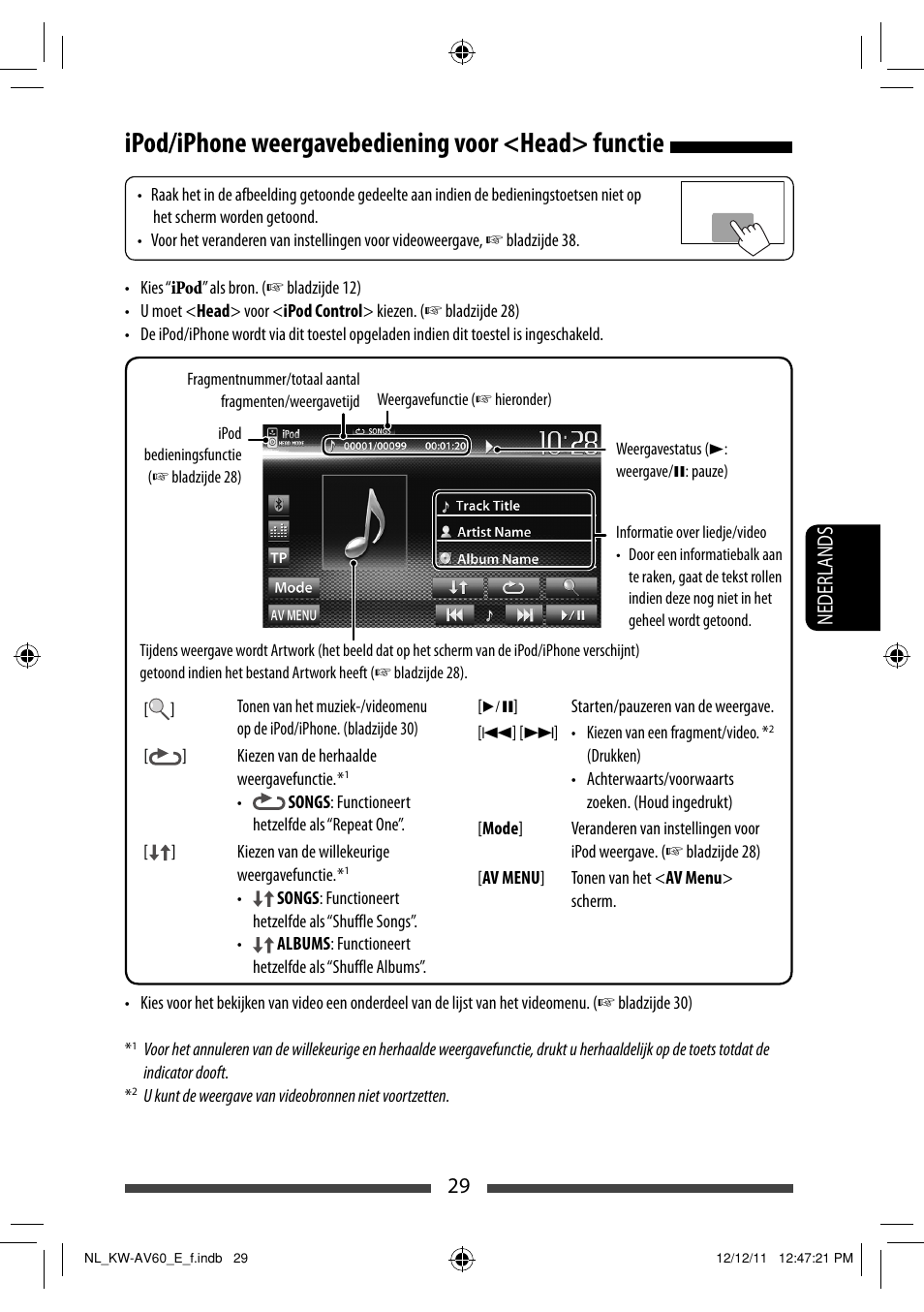 Ipod/iphone weergavebediening voor <head> functie, 29 nederlands | JVC KW-AV60BT User Manual | Page 233 / 277