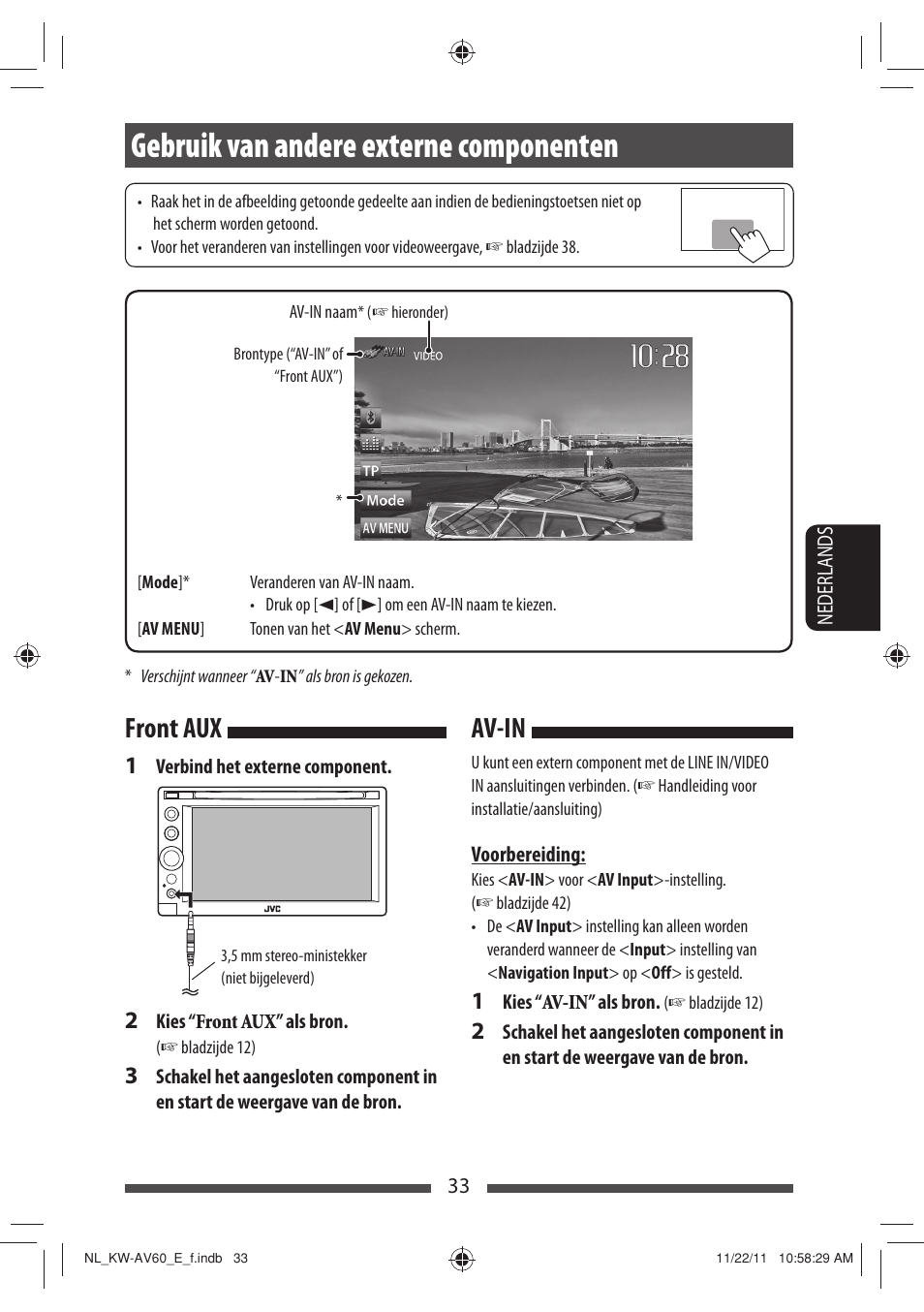 Gebruik van andere externe componenten, Av-in front aux | JVC KW-AV60BT User Manual | Page 237 / 277