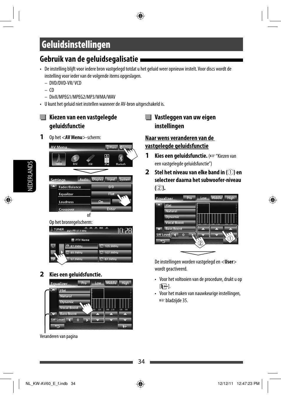 Geluidsinstellingen, Gebruik van de geluidsegalisatie | JVC KW-AV60BT User Manual | Page 238 / 277