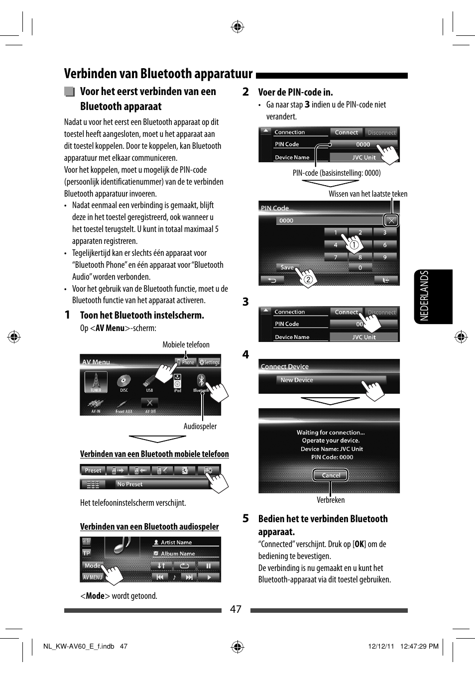 Verbinden van bluetooth apparatuur | JVC KW-AV60BT User Manual | Page 251 / 277