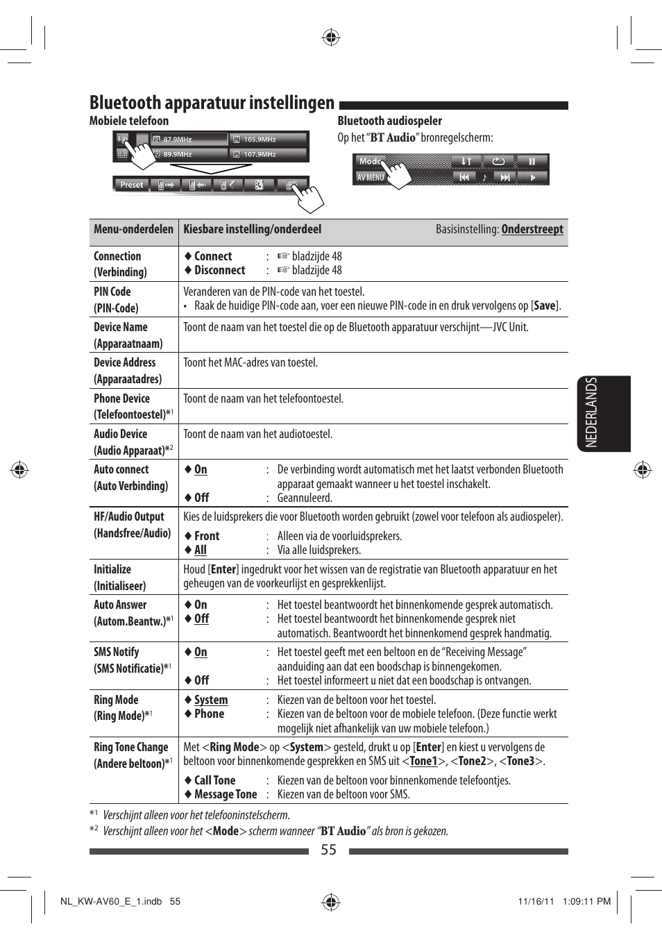 Bluetooth apparatuur instellingen, 55 nederlands | JVC KW-AV60BT User Manual | Page 259 / 277