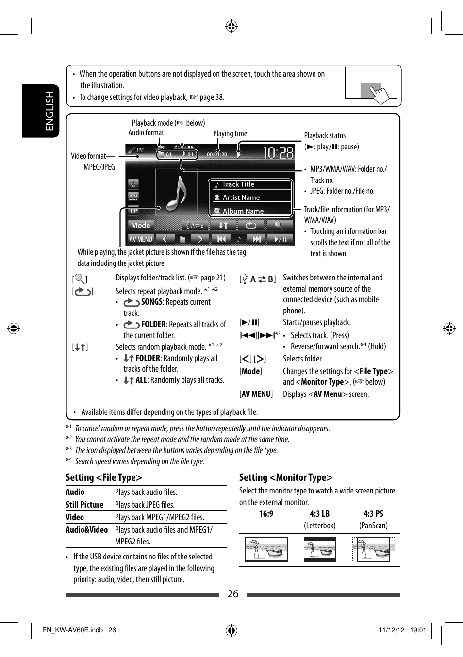 26 english setting <file type, Setting <monitor type | JVC KW-AV60BT User Manual | Page 26 / 277