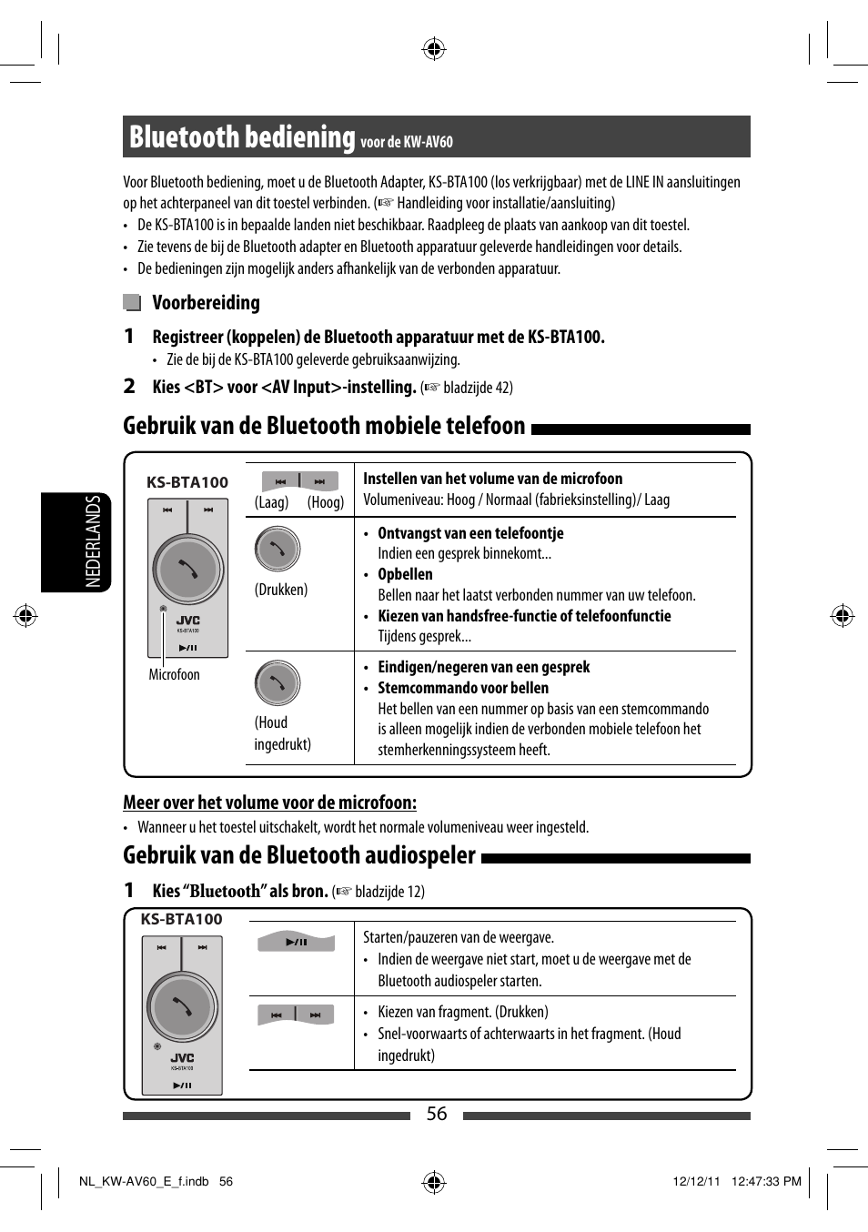 Bluetooth bediening, Gebruik van de bluetooth mobiele telefoon, Gebruik van de bluetooth audiospeler | JVC KW-AV60BT User Manual | Page 260 / 277