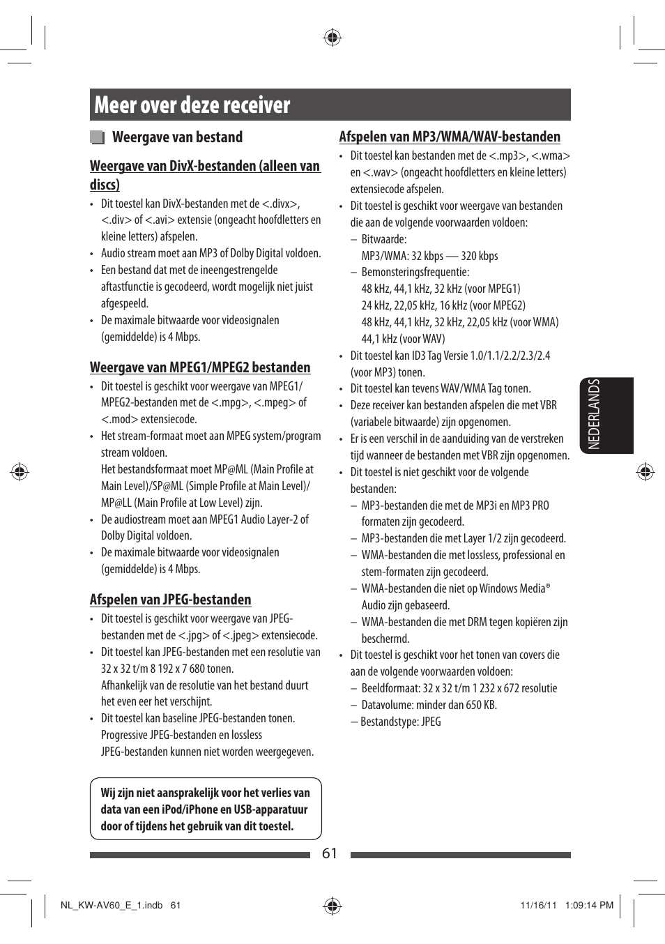 Meer over deze receiver, Weergave van bestand | JVC KW-AV60BT User Manual | Page 265 / 277