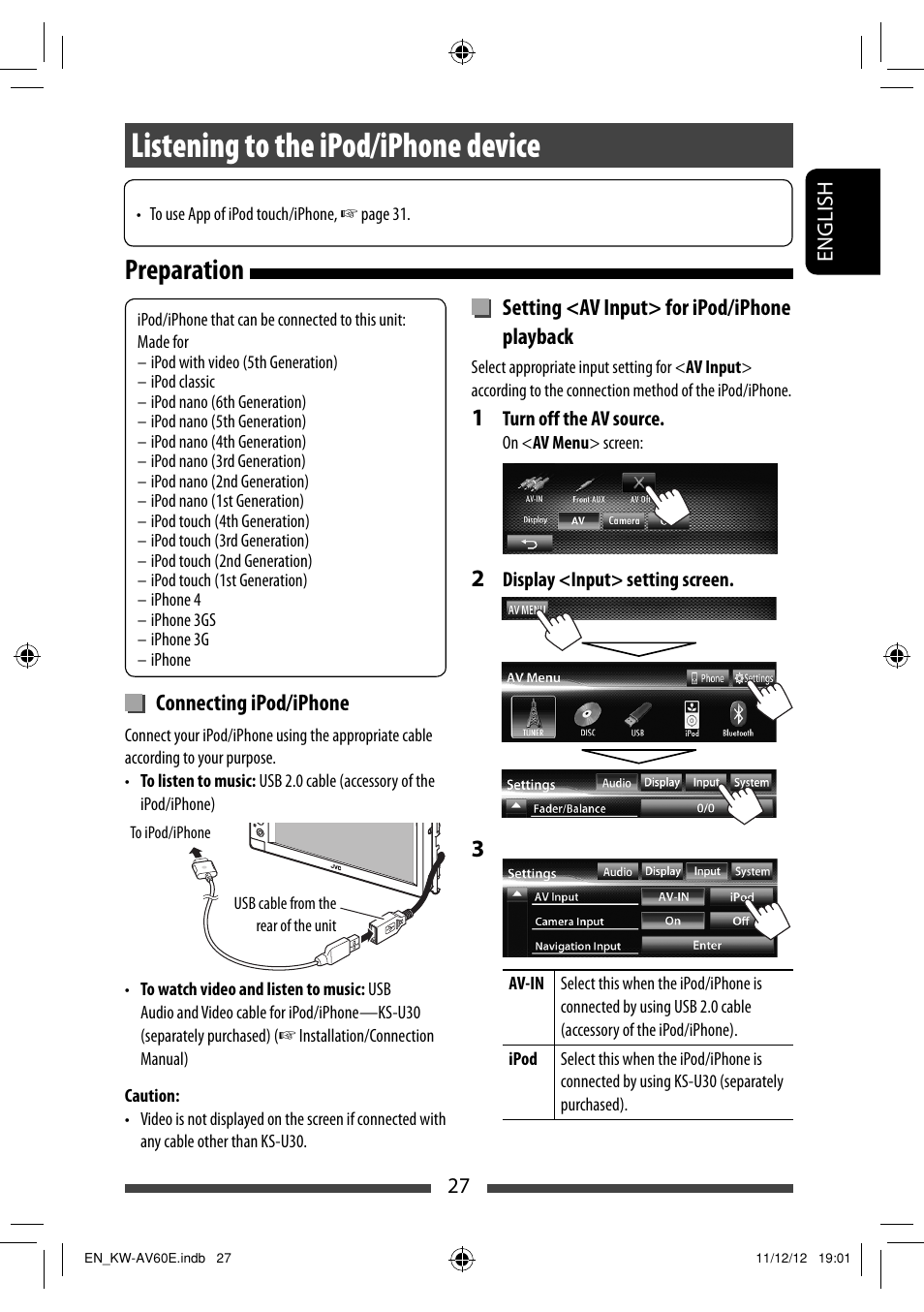 Listening to the ipod/iphone device, Preparation | JVC KW-AV60BT User Manual | Page 27 / 277