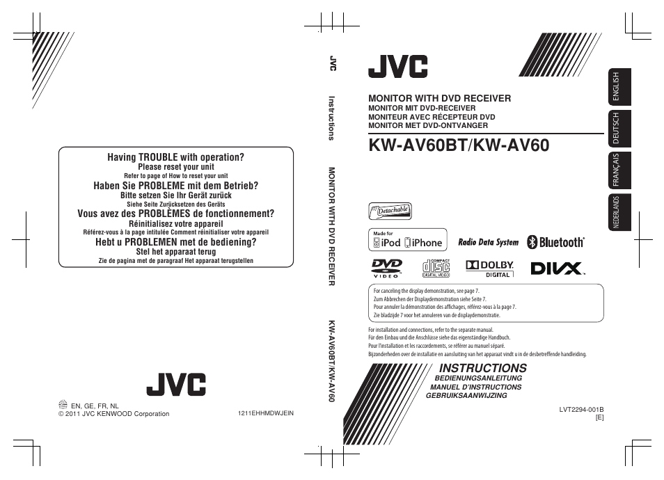 Kw-av60bt/kw-av60, Instructions, Having trouble with operation | Haben sie probleme mit dem betrieb, Vous avez des problèmes de fonctionnement, Hebt u problemen met de bediening, Monitor with dvd receiver | JVC KW-AV60BT User Manual | Page 276 / 277