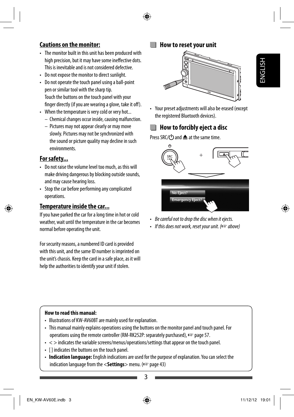 How to reset your unit, How to forcibly eject a disc | JVC KW-AV60BT User Manual | Page 3 / 277