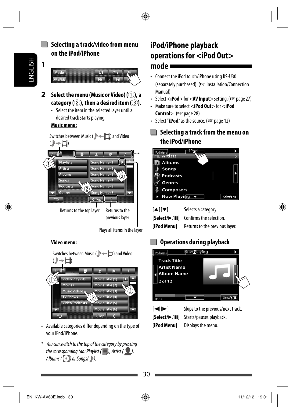 Selecting a track from the menu on the ipod/iphone, Operations during playback | JVC KW-AV60BT User Manual | Page 30 / 277