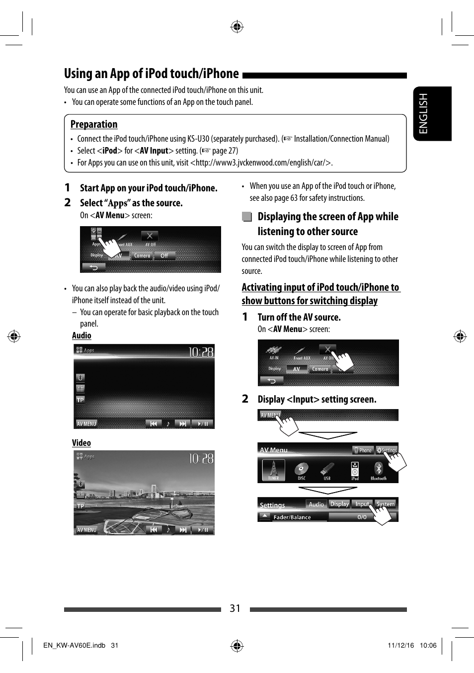 Using an app of ipod touch/iphone | JVC KW-AV60BT User Manual | Page 31 / 277