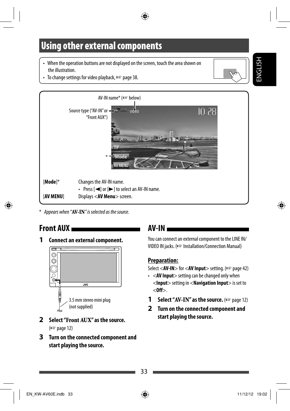 Using other external components, Front aux, Av-in | Av-in front aux | JVC KW-AV60BT User Manual | Page 33 / 277