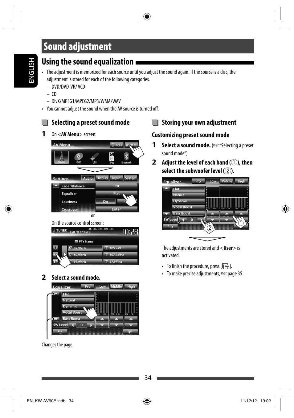 Sound adjustment, Using the sound equalization | JVC KW-AV60BT User Manual | Page 34 / 277