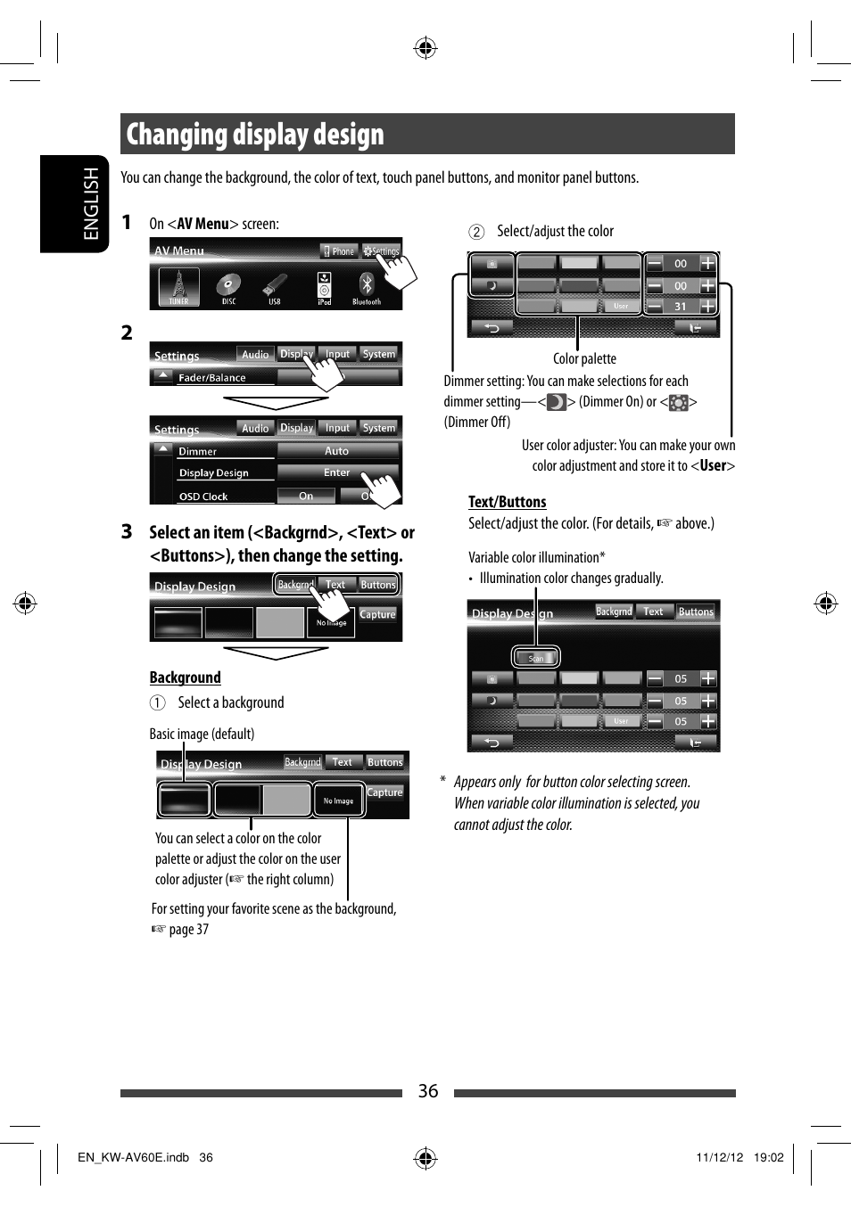 Changing display design | JVC KW-AV60BT User Manual | Page 36 / 277