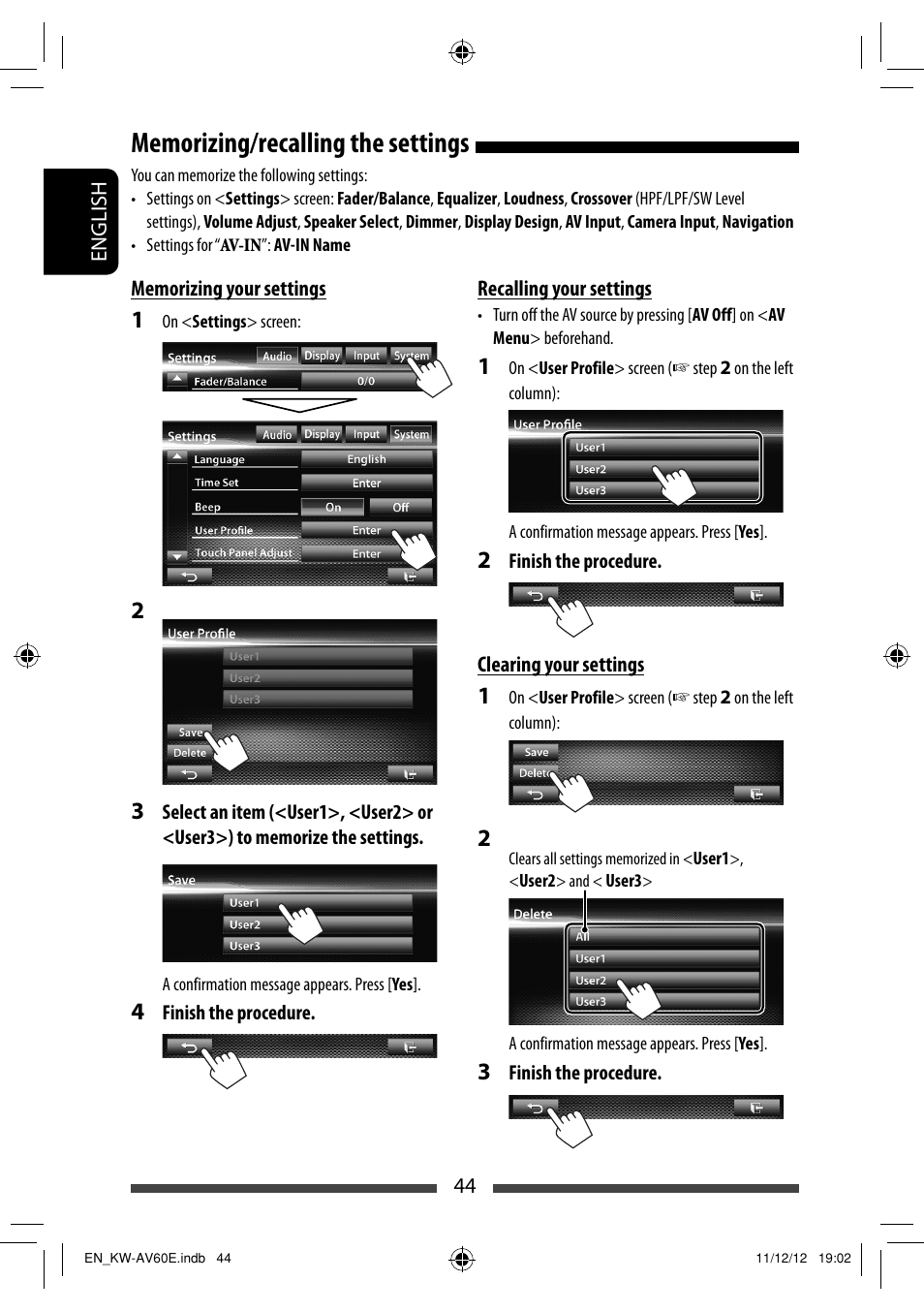 Memorizing/recalling the settings | JVC KW-AV60BT User Manual | Page 44 / 277