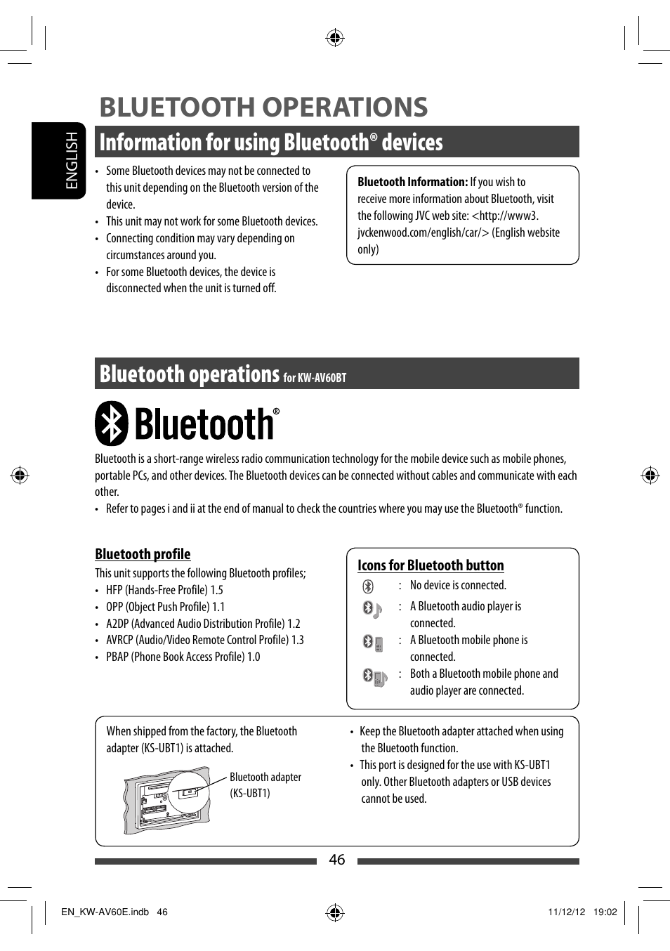 Bluetooth operations, Information for using bluetooth® devices, Bluetooth operations for kw-av60bt | JVC KW-AV60BT User Manual | Page 46 / 277