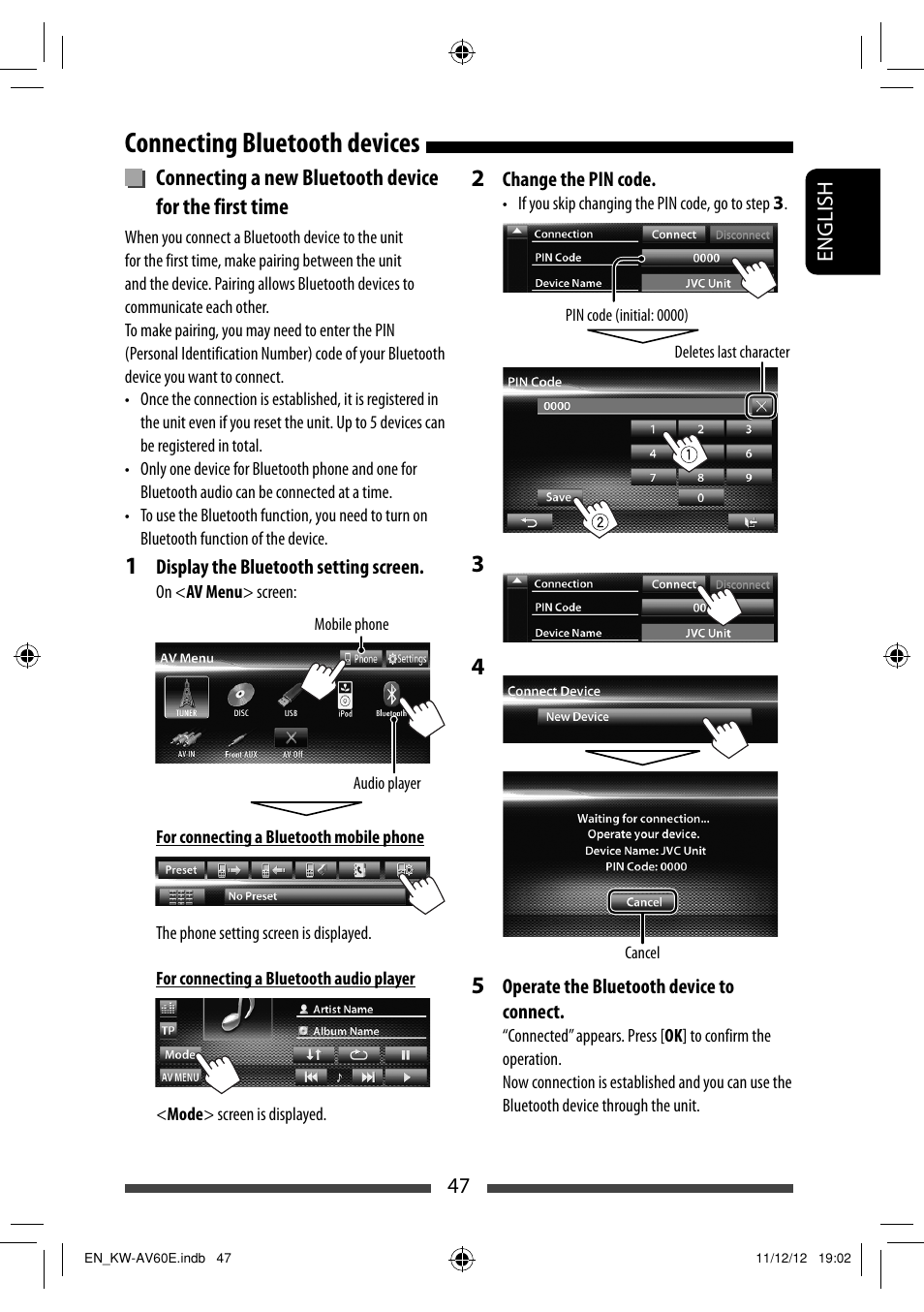 Connecting bluetooth devices | JVC KW-AV60BT User Manual | Page 47 / 277