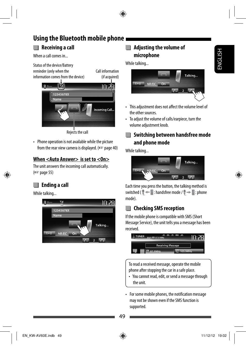Using the bluetooth mobile phone, Receiving a call, Ending a call | Adjusting the volume of microphone, Switching between handsfree mode and phone mode, Checking sms reception | JVC KW-AV60BT User Manual | Page 49 / 277