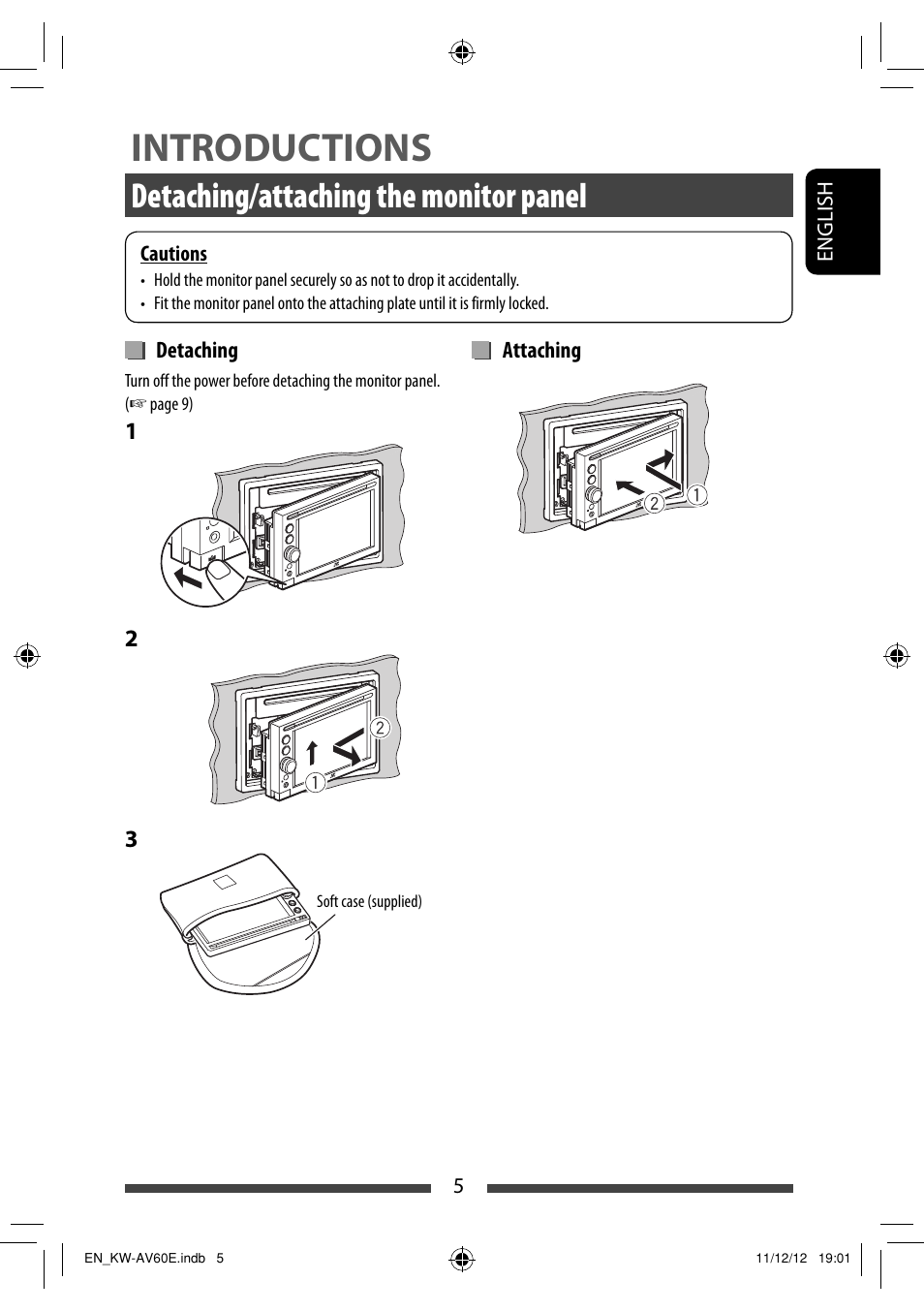 Introductions, Detaching/attaching the monitor panel | JVC KW-AV60BT User Manual | Page 5 / 277