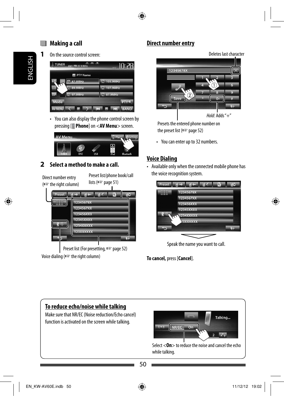 Making a call | JVC KW-AV60BT User Manual | Page 50 / 277