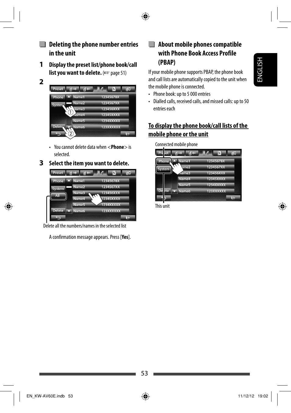 Deleting the phone number entries in the unit | JVC KW-AV60BT User Manual | Page 53 / 277