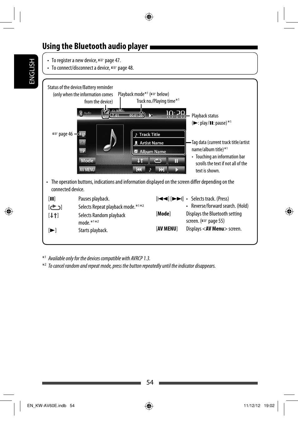 Using the bluetooth audio player, 54 english | JVC KW-AV60BT User Manual | Page 54 / 277