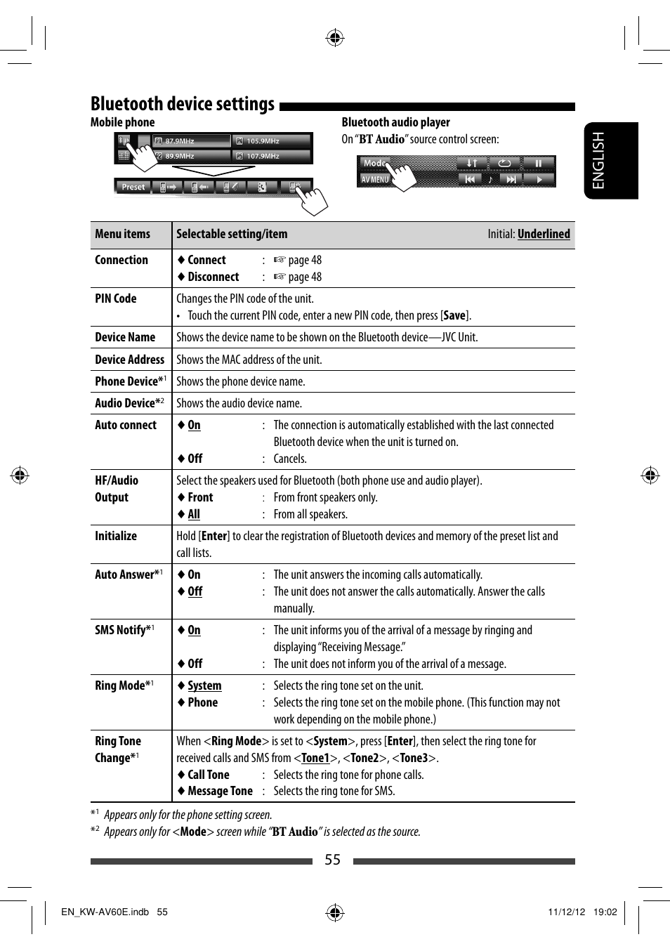 Bluetooth device settings, 55 english | JVC KW-AV60BT User Manual | Page 55 / 277