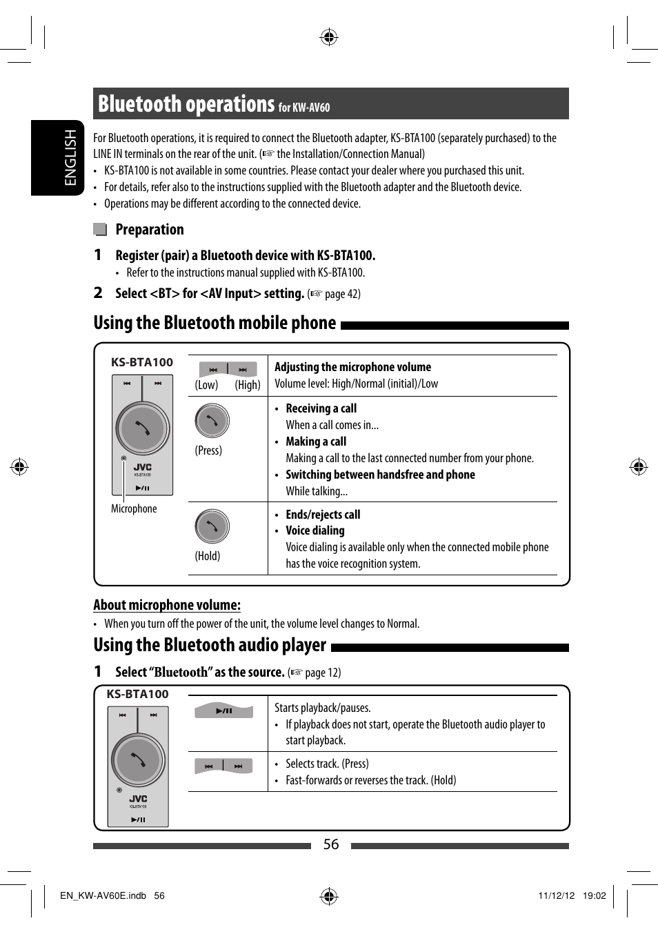 Bluetooth operations for kw-av60, Using the bluetooth mobile phone, Using the bluetooth audio player | Bluetooth operations | JVC KW-AV60BT User Manual | Page 56 / 277