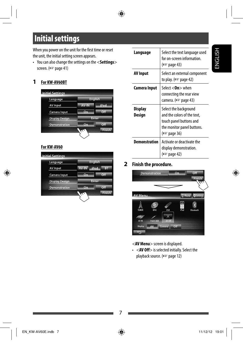 Initial settings | JVC KW-AV60BT User Manual | Page 7 / 277