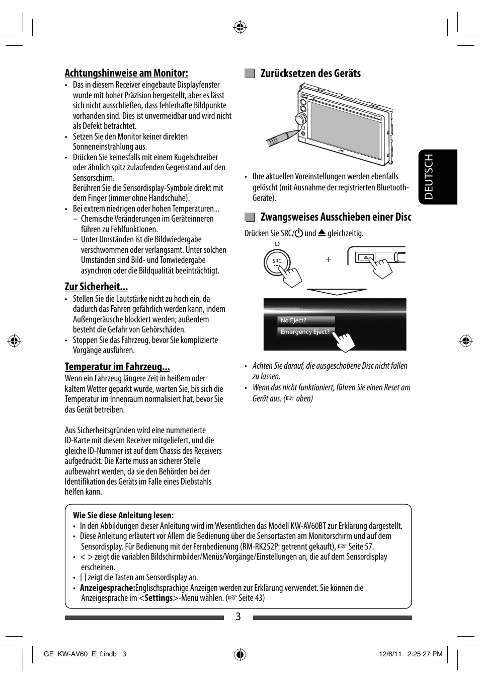 Zurücksetzen des geräts, Zwangsweises ausschieben einer disc | JVC KW-AV60BT User Manual | Page 71 / 277