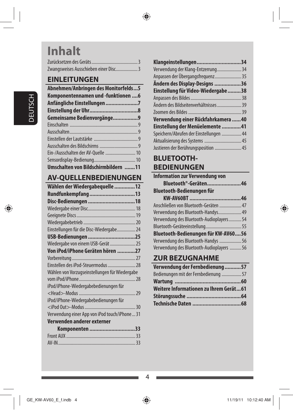 Inhalt, Einleitungen, Av-quellenbedienungen | Bluetooth- bedienungen, Zur bezugnahme | JVC KW-AV60BT User Manual | Page 72 / 277