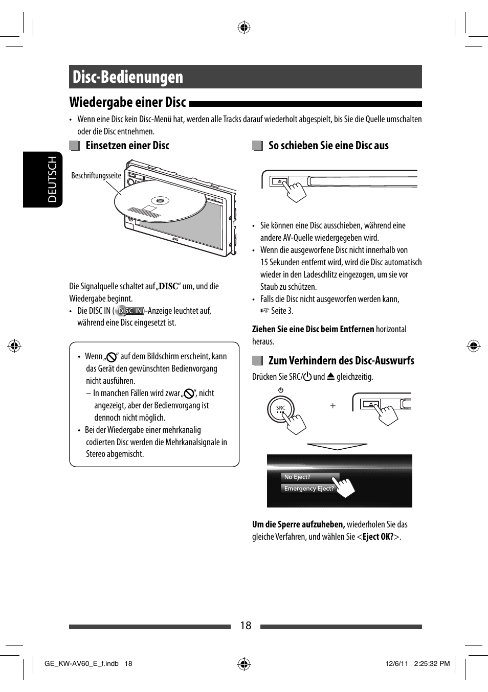 Disc-bedienungen, Wiedergabe einer disc | JVC KW-AV60BT User Manual | Page 86 / 277