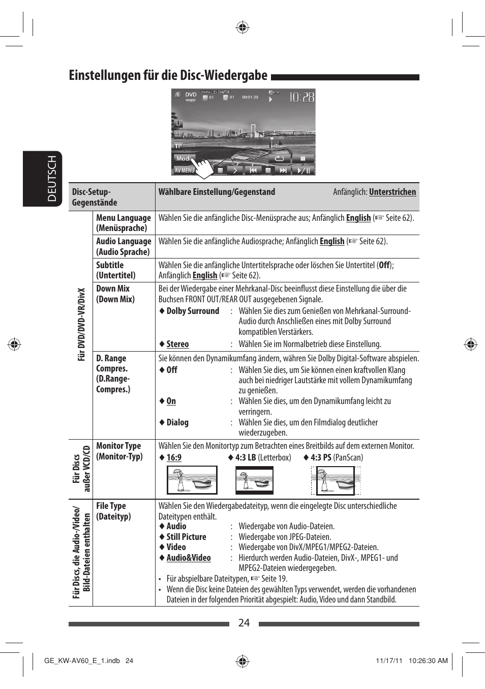 Einstellungen für die disc-wiedergabe | JVC KW-AV60BT User Manual | Page 92 / 277