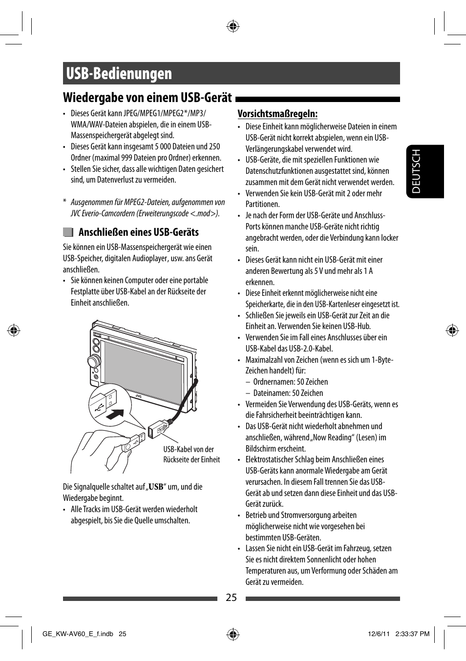 Usb-bedienungen, Wiedergabe von einem usb-gerät, Anschließen eines usb-geräts | JVC KW-AV60BT User Manual | Page 93 / 277