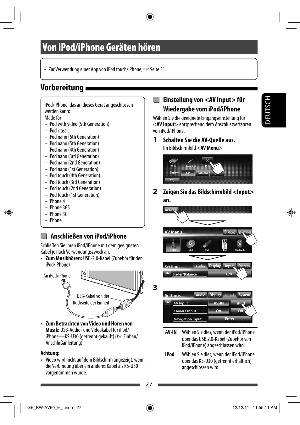 Von ipod/iphone geräten hören, Vorbereitung | JVC KW-AV60BT User Manual | Page 95 / 277