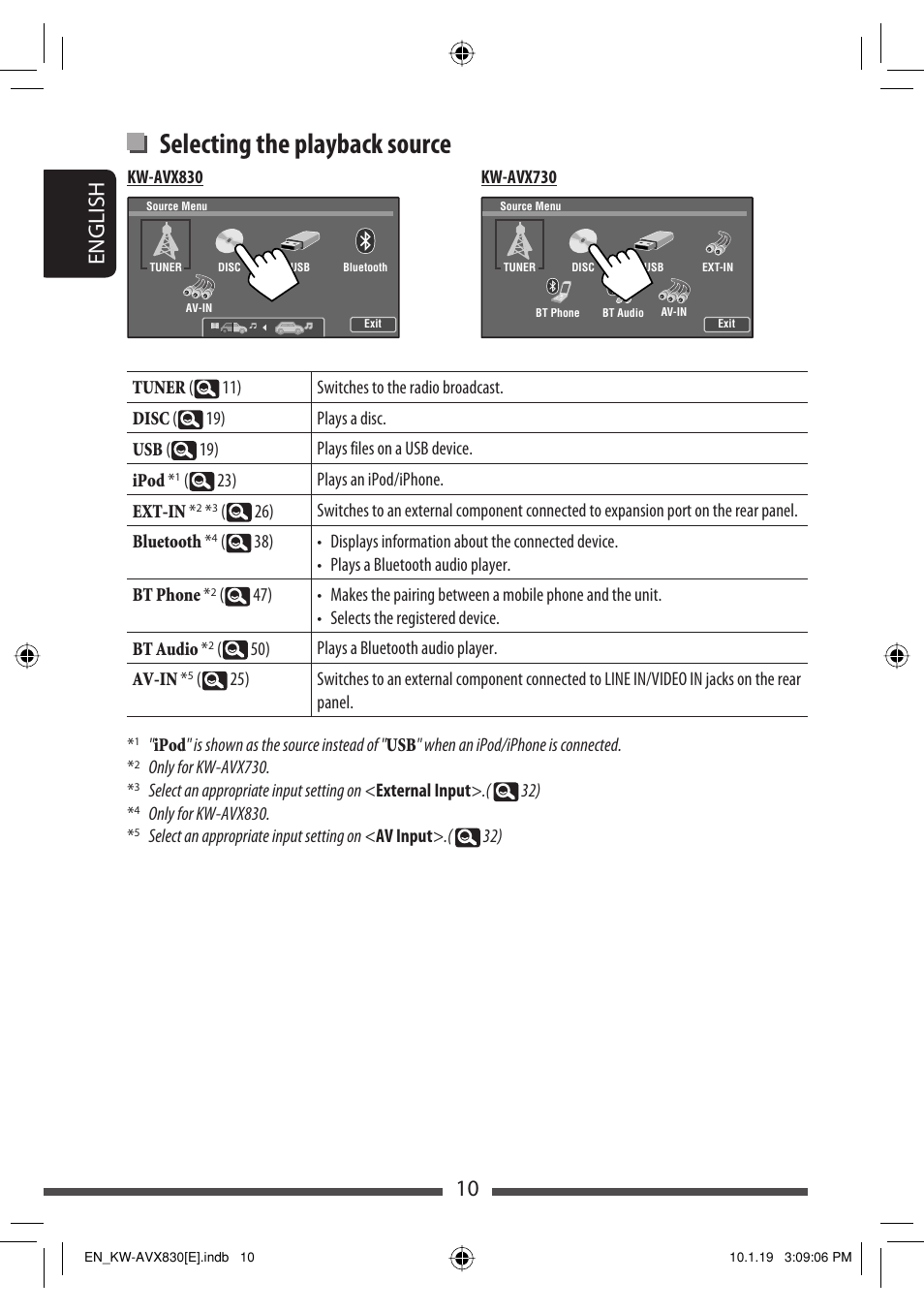 Selecting the playback source, 10 english | JVC KW-AVX830 User Manual | Page 10 / 279