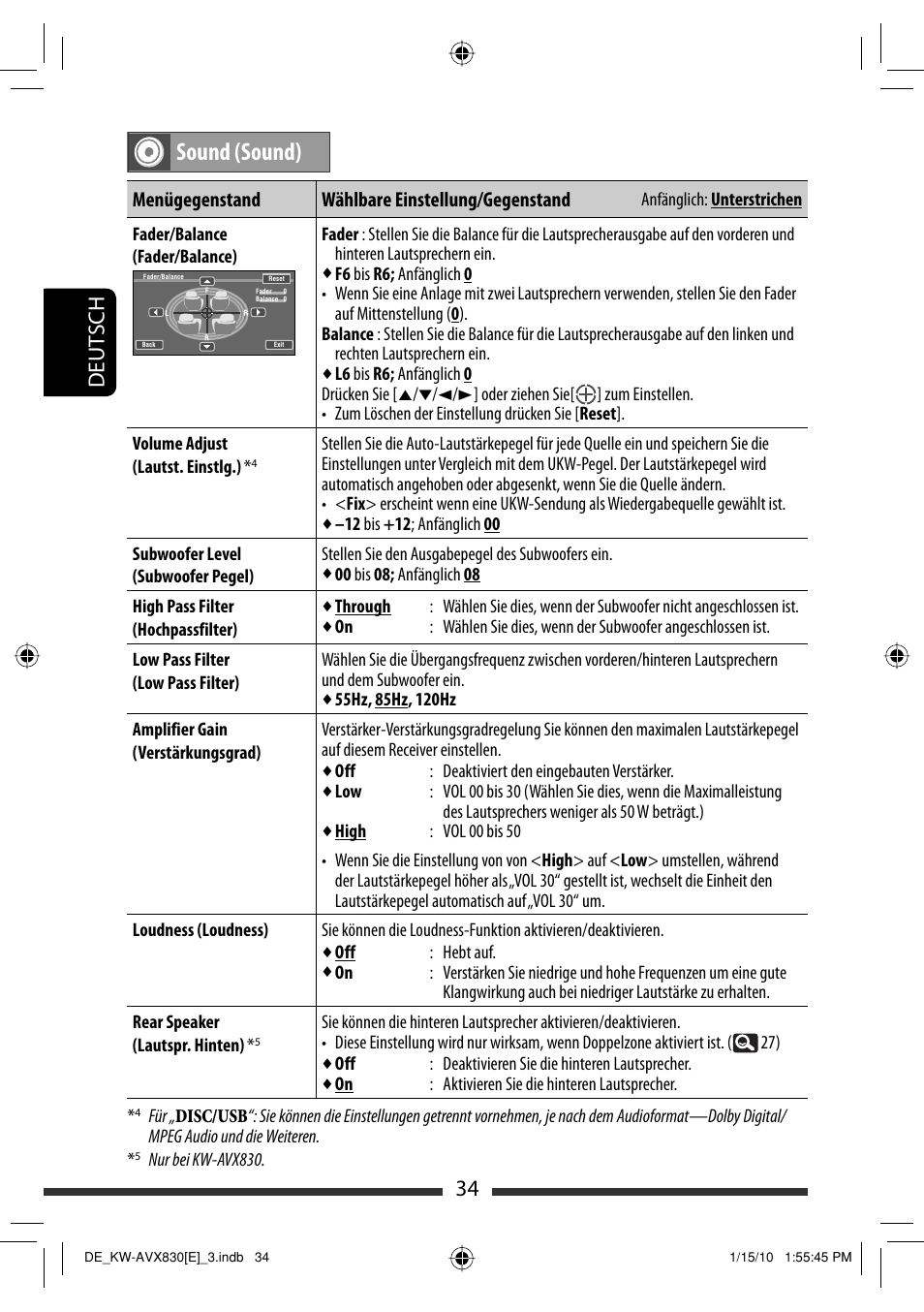 Sound (sound), 34 deut sch, Menügegenstand wählbare einstellung/gegenstand | JVC KW-AVX830 User Manual | Page 102 / 279
