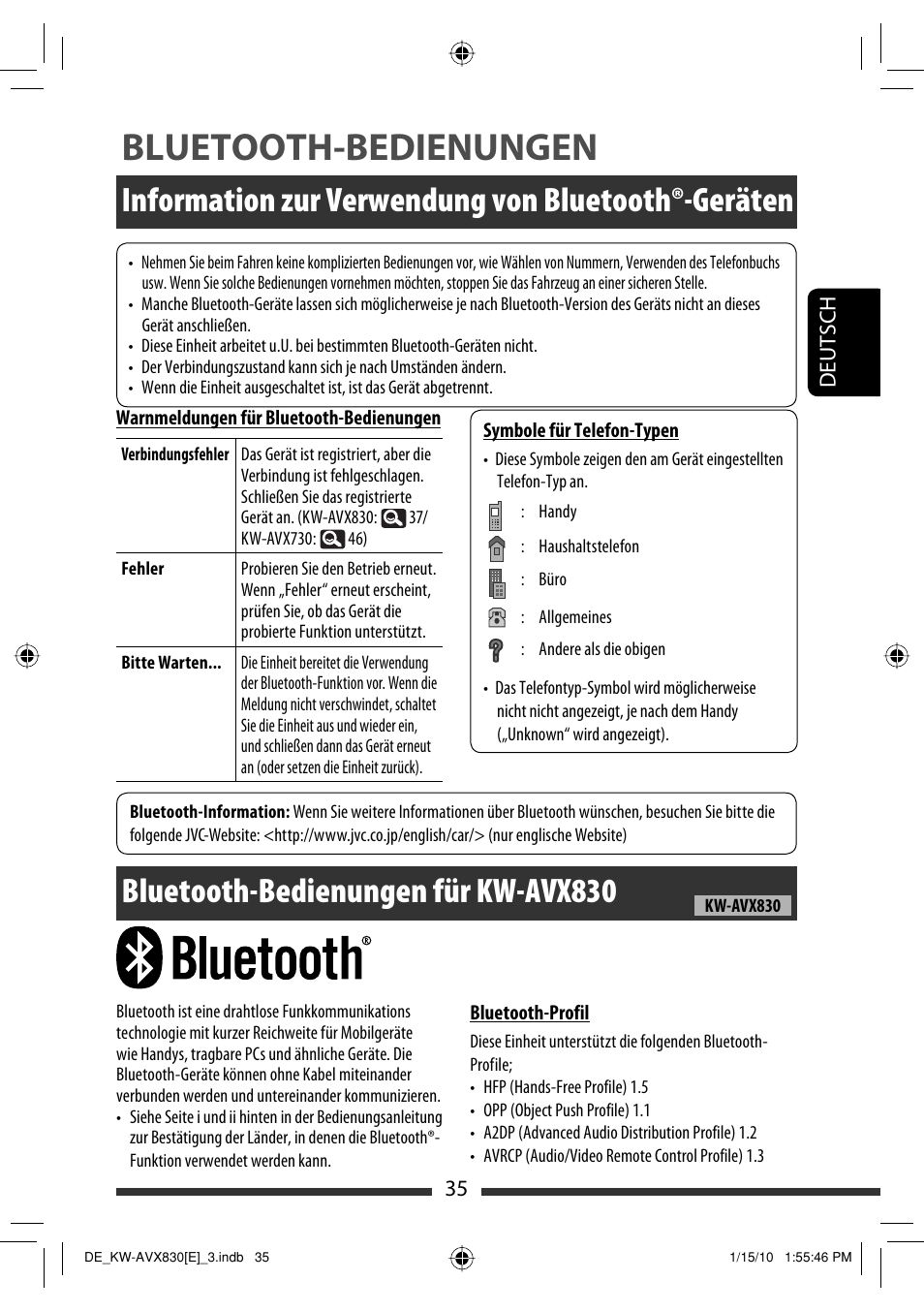 Bluetooth-bedienungen, Information zur verwendung von bluetooth®-geräten, Bluetooth-bedienungen für kw-avx830 | JVC KW-AVX830 User Manual | Page 103 / 279