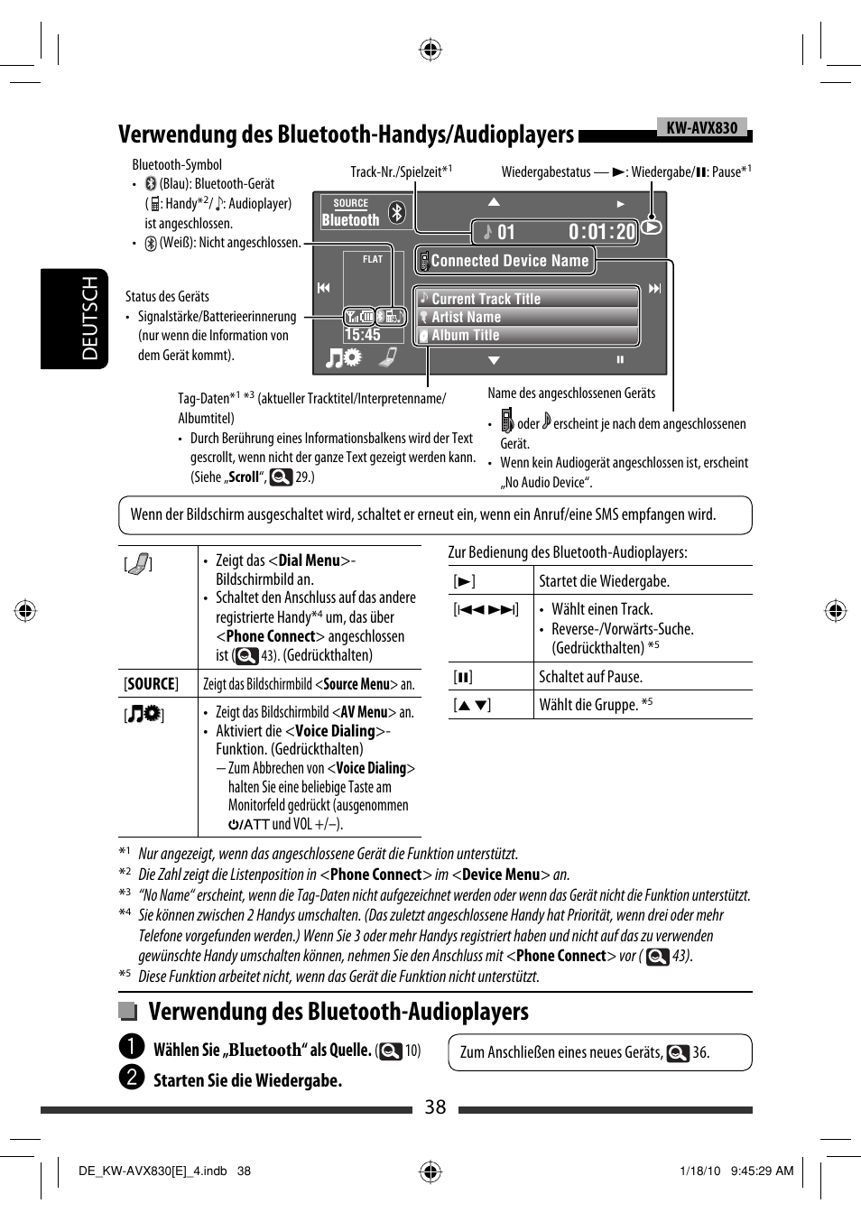 Verwendung des bluetooth-handys/audioplayers, Verwendung des bluetooth-audioplayers, 38 deutsch | JVC KW-AVX830 User Manual | Page 106 / 279